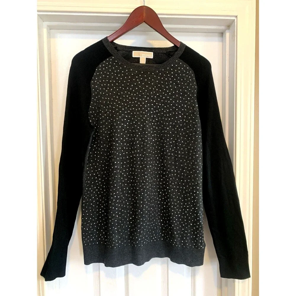 Michael Kors Women’s Western Black Studded Crew Neck Knit Pullover Sweater L